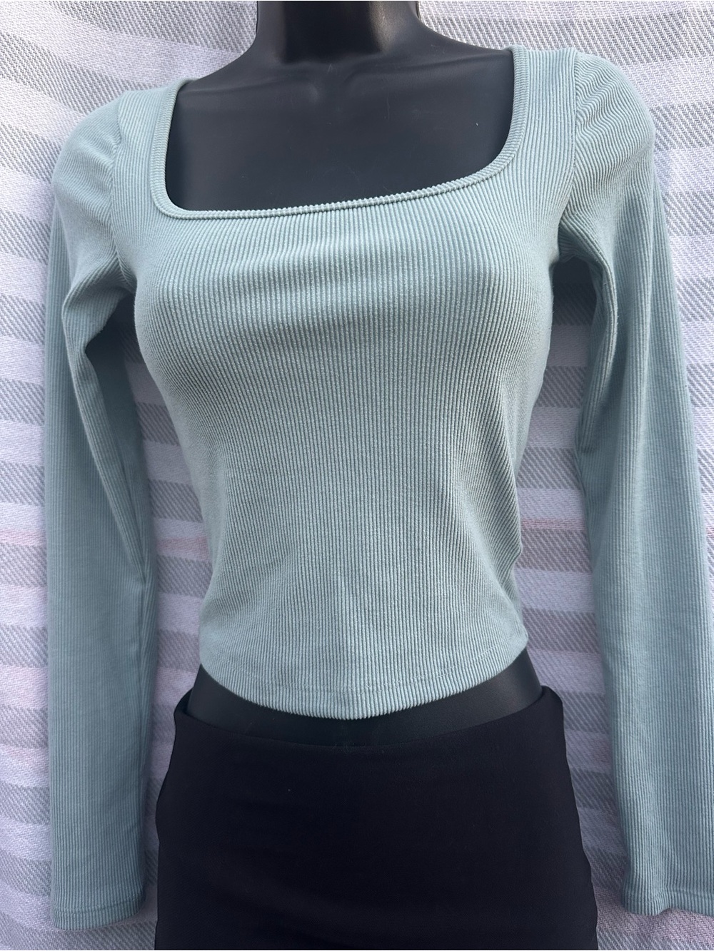 Hollister Sage Green Ribbed Square Neck Long Sleeve Top